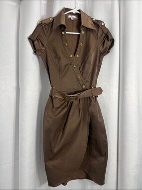 Cache sophisticated satin Tailored Brown Shirt Dress with Belt
